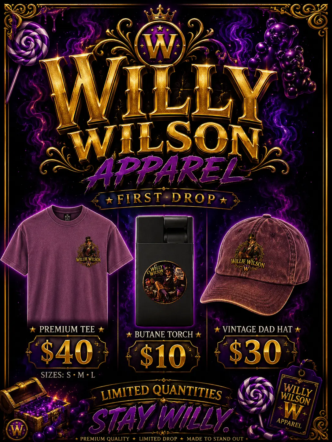 Willy Wilson apparel first drop featuring a premium tee, butane torch, and vintage dad hat