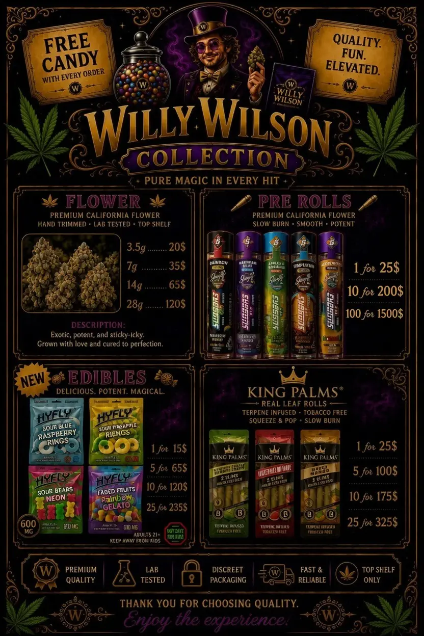 Willy Wilson collection menu with flower, pre-rolls, edibles, and King Palms